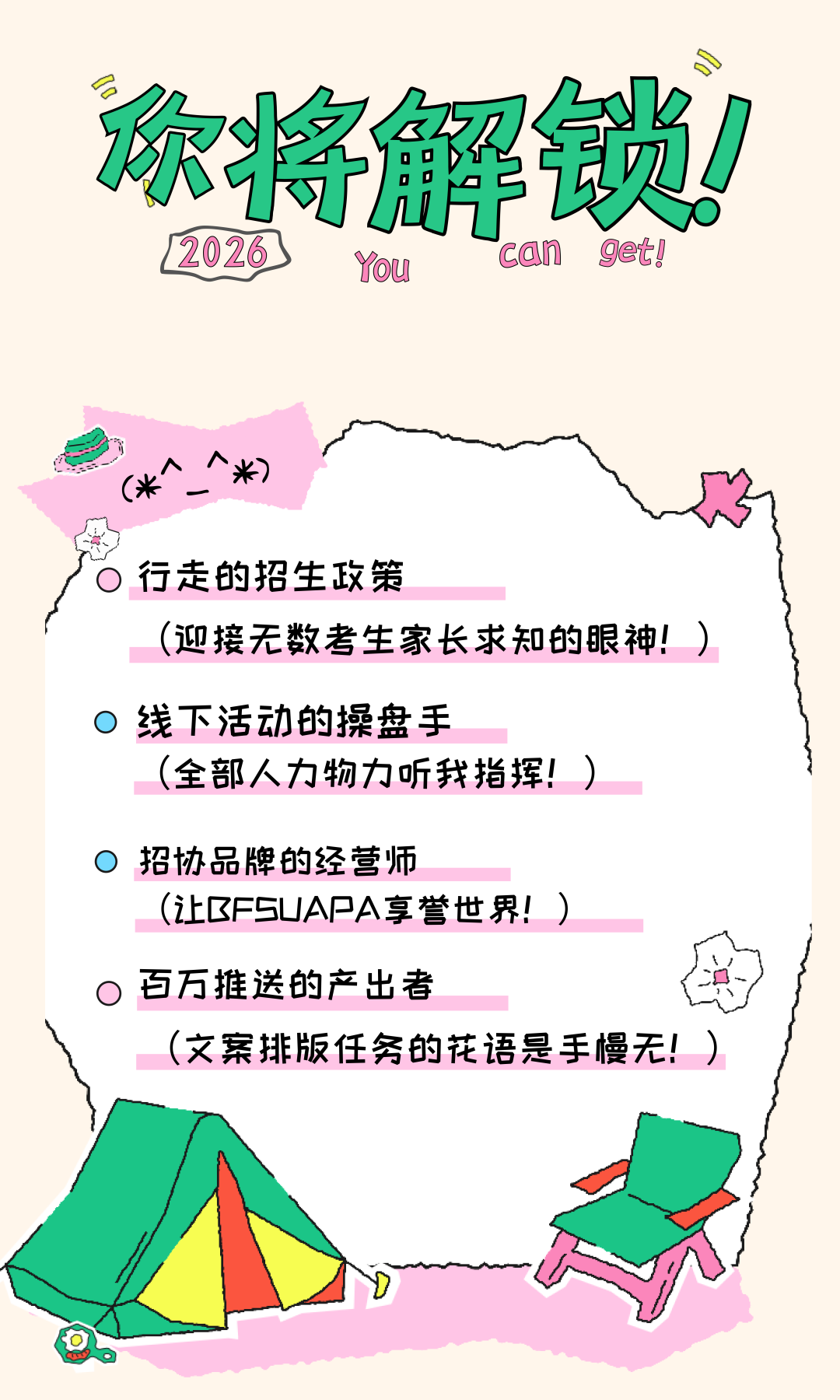 组织部招新岗位信息图，列出招生政策、线下活动、品牌经营与推送制作